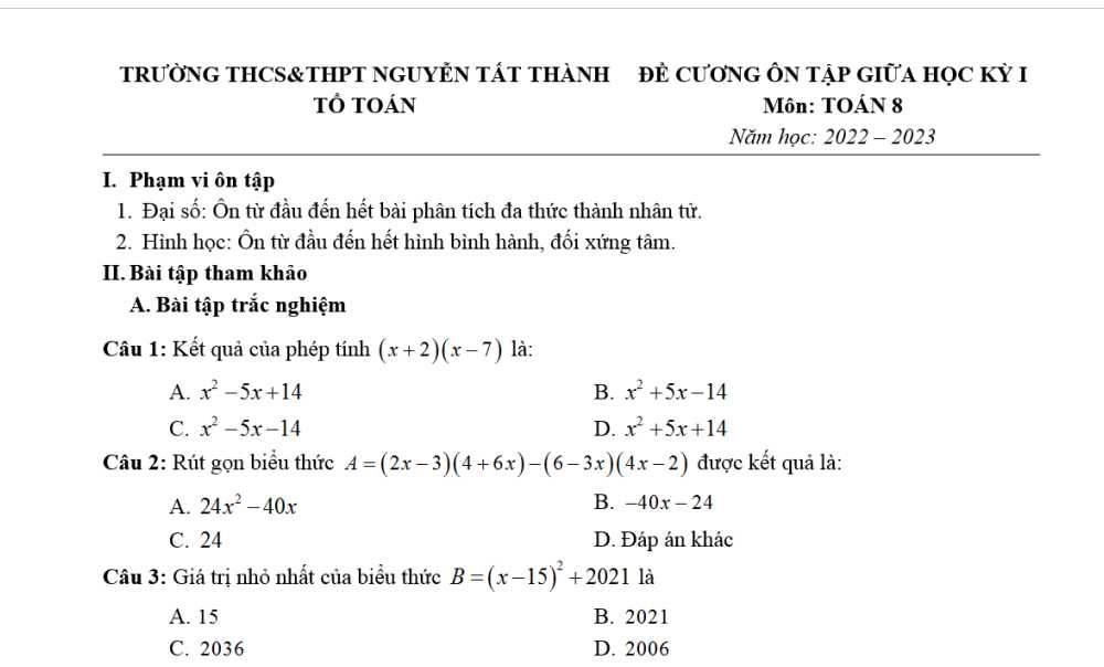 Toán 8: Đề cương Ôn tập giữa học kỳ 1. Trường THCS-THPT Nguyễn Tất Thành năm học 2022-2023